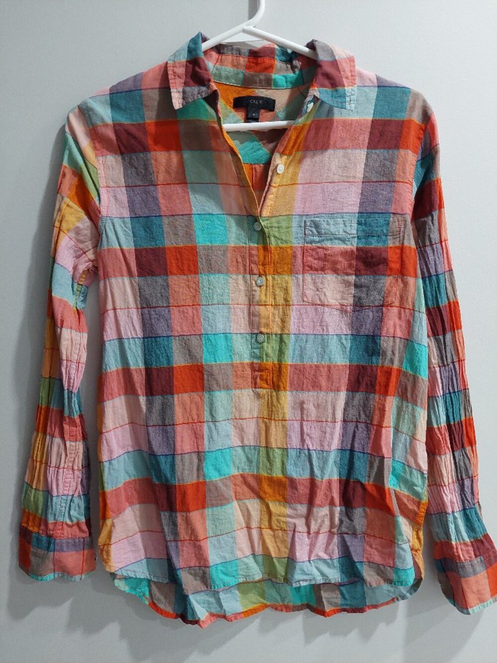 J.CREW Sz 8 Plaid Popover Orange Pink Turquoise Tunic Cotton Stretch L/S